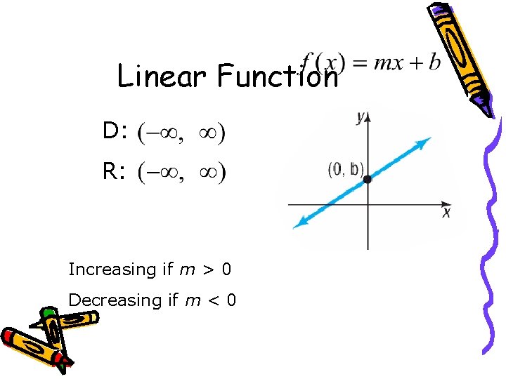 Linear Function D: R: Increasing if m > 0 Decreasing if m < 0