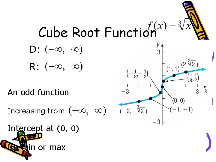 Cube Root Function D: R: An odd function Increasing from Intercept at (0, 0)