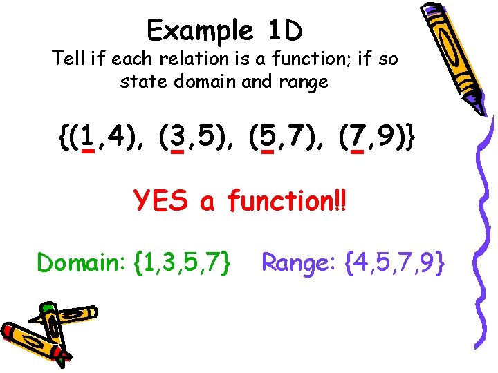 Example 1 D Tell if each relation is a function; if so state domain