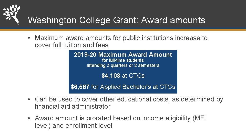 Washington College Grant: Award amounts • Maximum award amounts for public institutions increase to