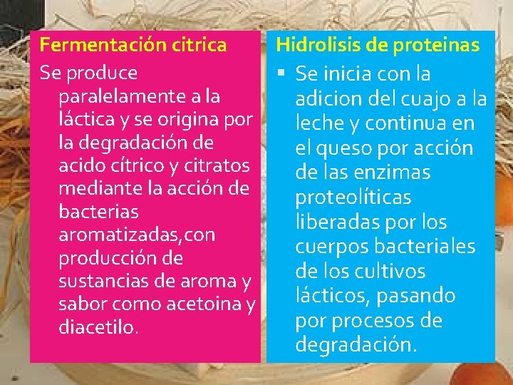 Fermentación citrica Hidrolisis de proteinas Se produce Se inicia con la paralelamente a la