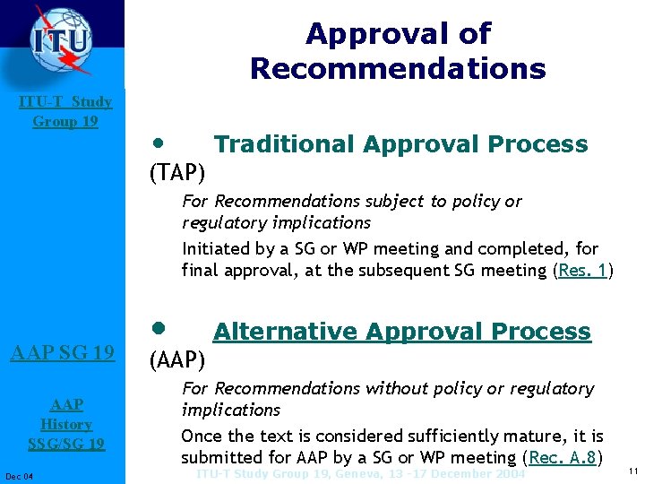 Approval of Recommendations ITU-T Study Group 19 • Traditional Approval Process (TAP) For Recommendations