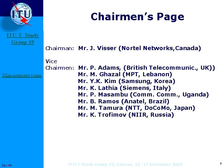 Chairmen’s Page ITU-T Study Group 19 Chairman: Mr. J. Visser (Nortel Networks, Canada) Vice