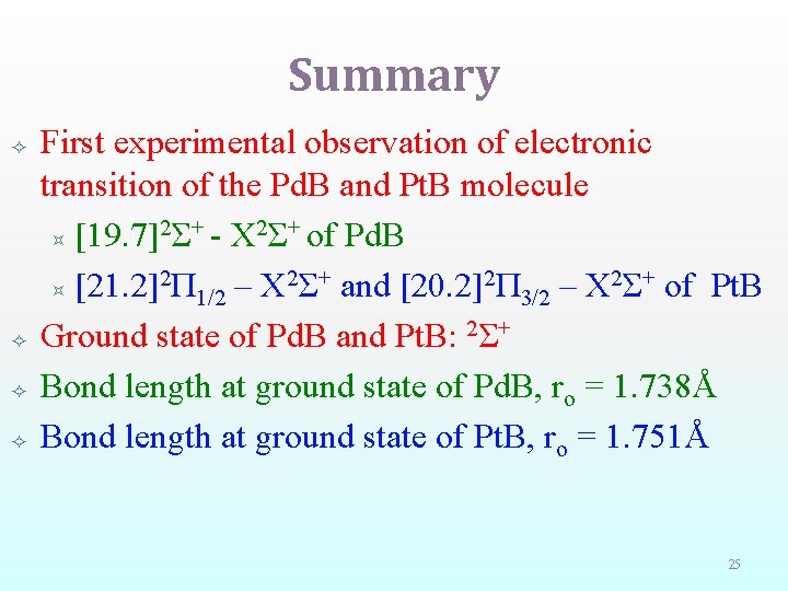 Summary First experimental observation of electronic transition of the Pd. B and Pt. B