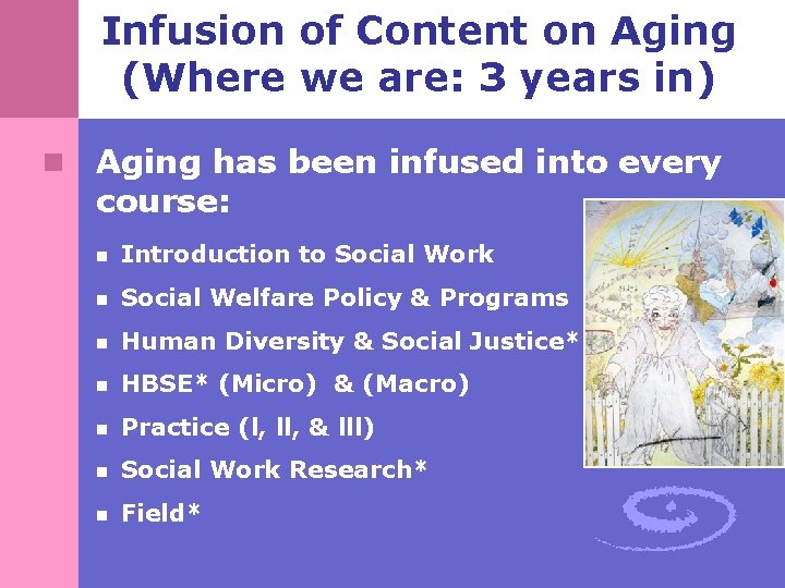 Infusion of Content on Aging (Where we are: 3 years in) n Aging has