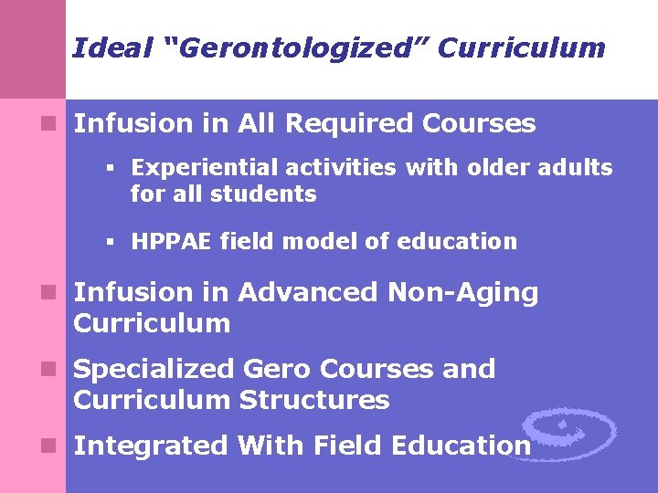 Ideal “Gerontologized” Curriculum n Infusion in All Required Courses § Experiential activities with older