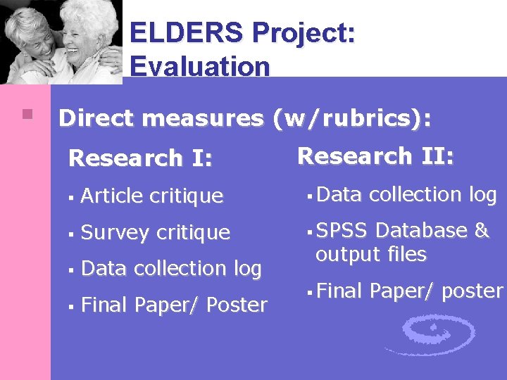 ELDERS Project: Evaluation § Direct measures (w/rubrics): Research I: Research II: § Article critique