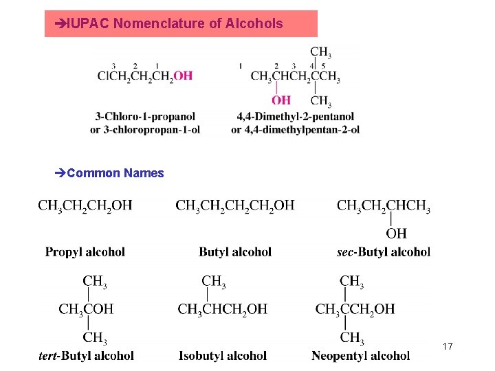 èIUPAC Nomenclature of Alcohols èCommon Names Chapter 4 17 èIUPAC Nomenclature of Alcohols èCommon Names Chapter 4 17