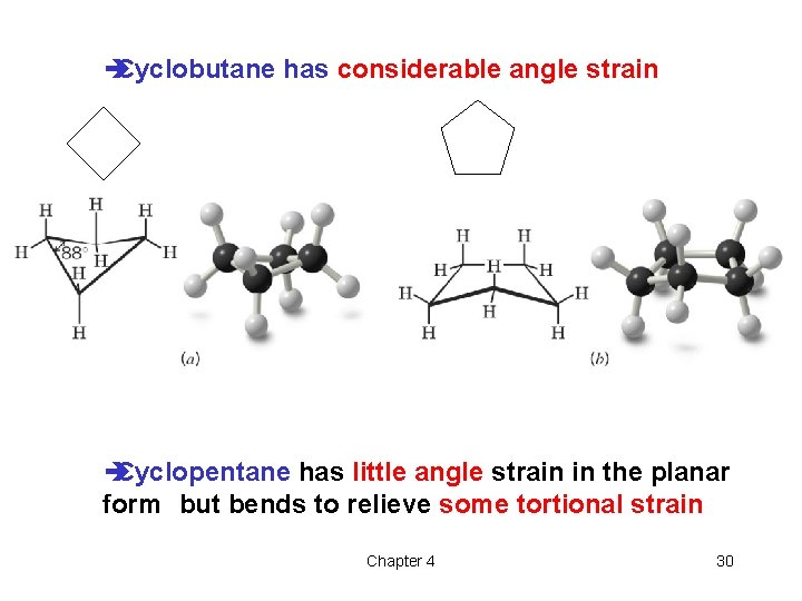 è Cyclobutane has considerable angle strain è Cyclopentane has little angle strain in the