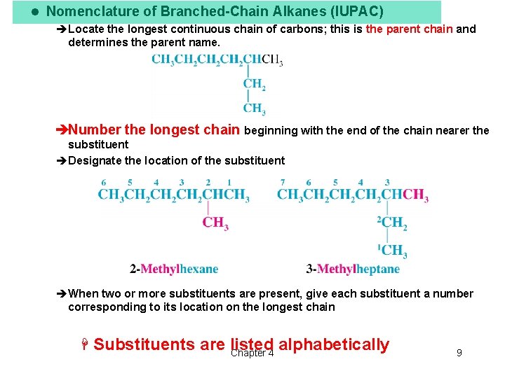 l Nomenclature of Branched-Chain Alkanes (IUPAC) èLocate the longest continuous chain of carbons; this