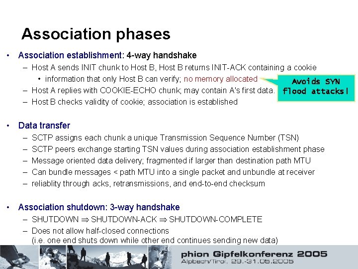 Association phases • Association establishment: 4 -way handshake – Host A sends INIT chunk