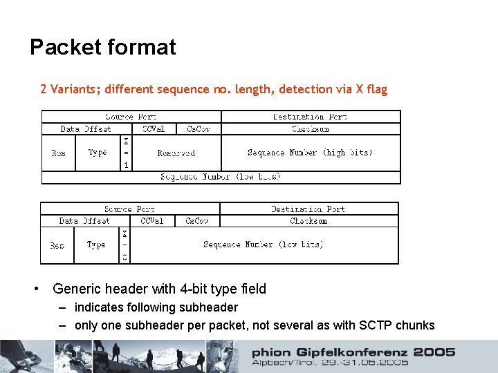 Packet format 2 Variants; different sequence no. length, detection via X flag • Generic