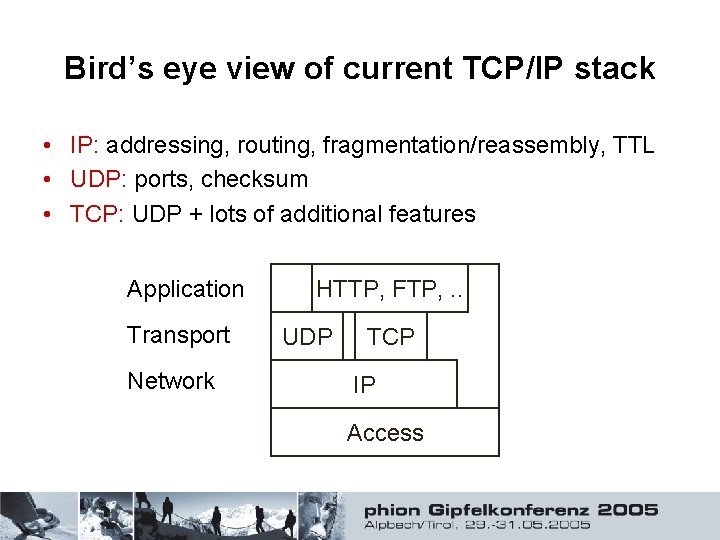 Bird’s eye view of current TCP/IP stack • IP: addressing, routing, fragmentation/reassembly, TTL •