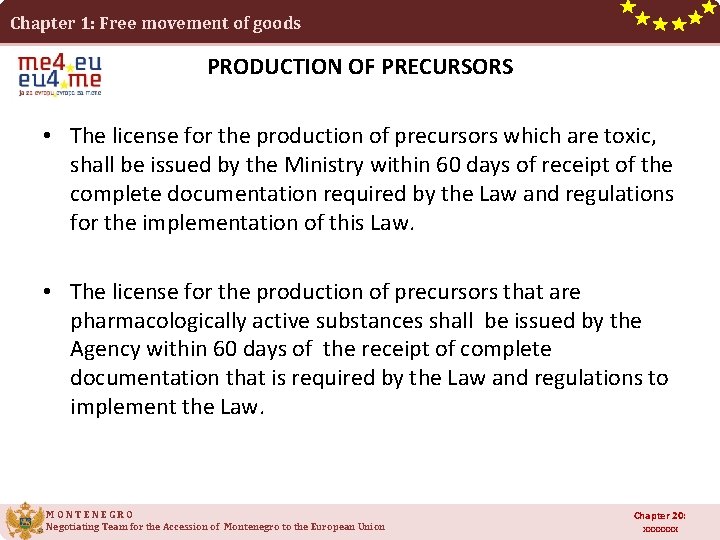 Chapter 1: Free movement of goods PRODUCTION OF PRECURSORS • The license for the