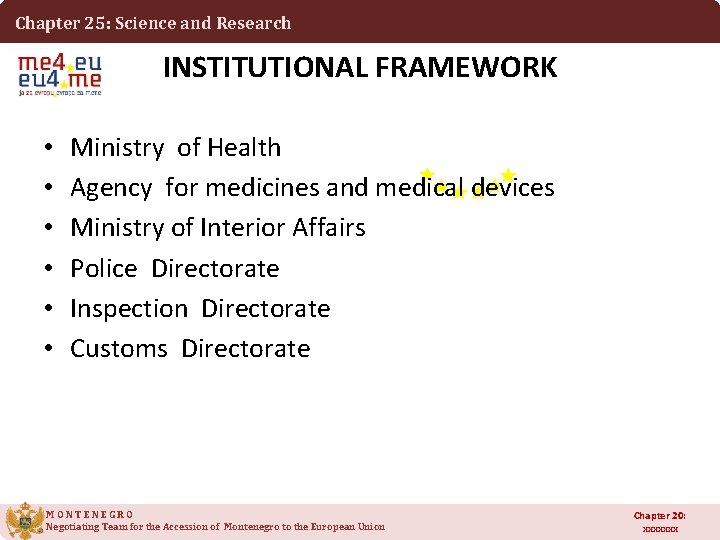 Chapter 25: Science and Research INSTITUTIONAL FRAMEWORK • • • Ministry of Health Agency