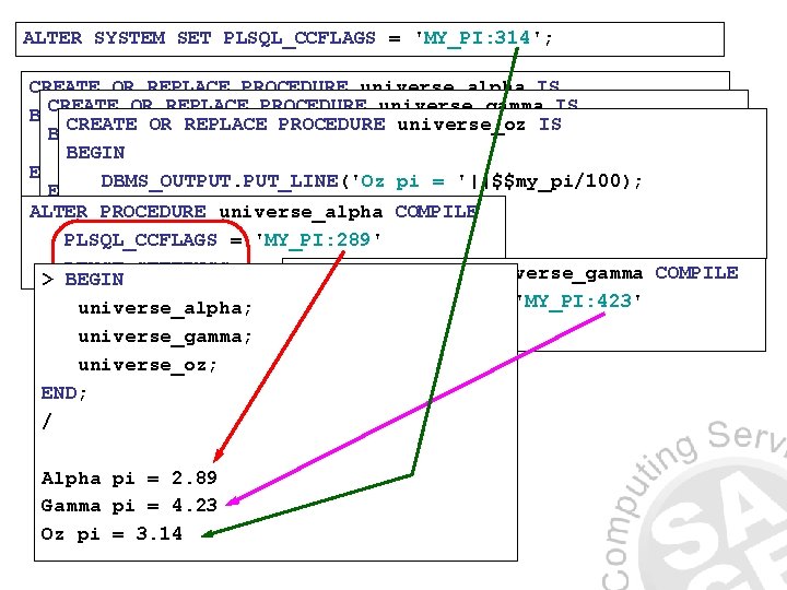 ALTER SYSTEM SET PLSQL_CCFLAGS = 'MY_PI: 314'; CREATE OR REPLACE PROCEDURE universe_alpha IS CREATE