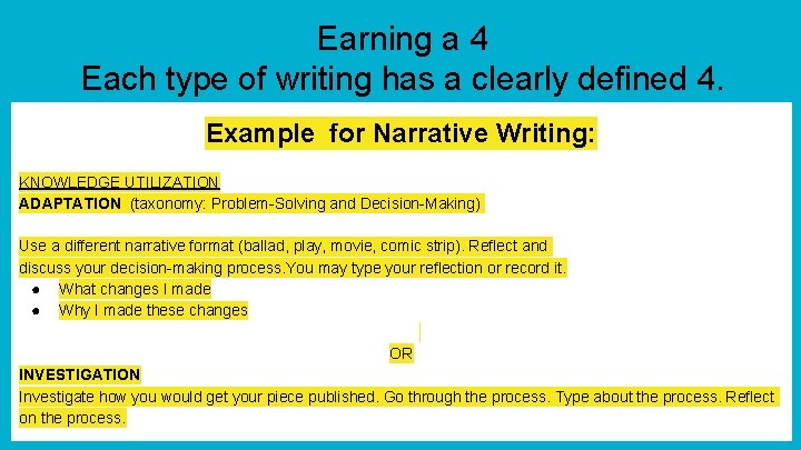 Earning a 4 Each type of writing has a clearly defined 4. Example for