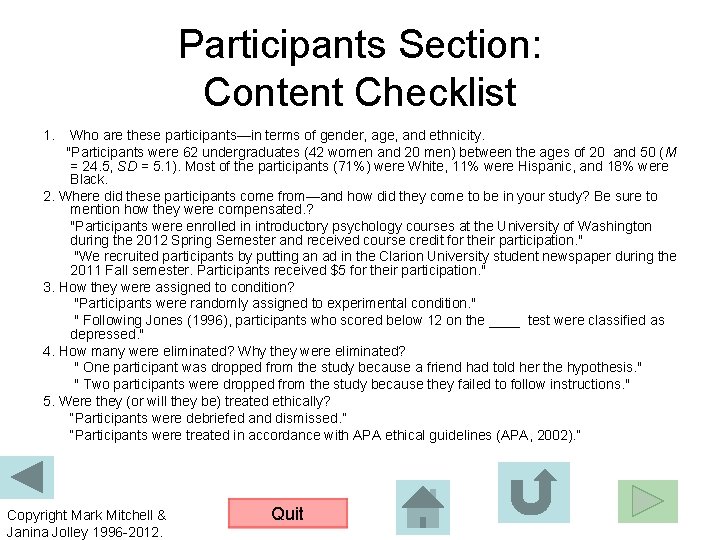 Participants Section: Content Checklist 1. Who are these participants—in terms of gender, age, and