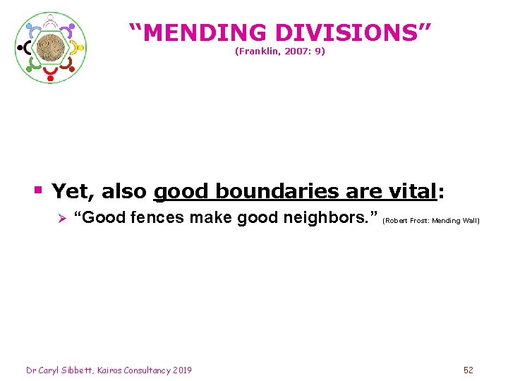 “MENDING DIVISIONS” (Franklin, 2007: 9) § Yet, also good boundaries are vital: Ø “Good