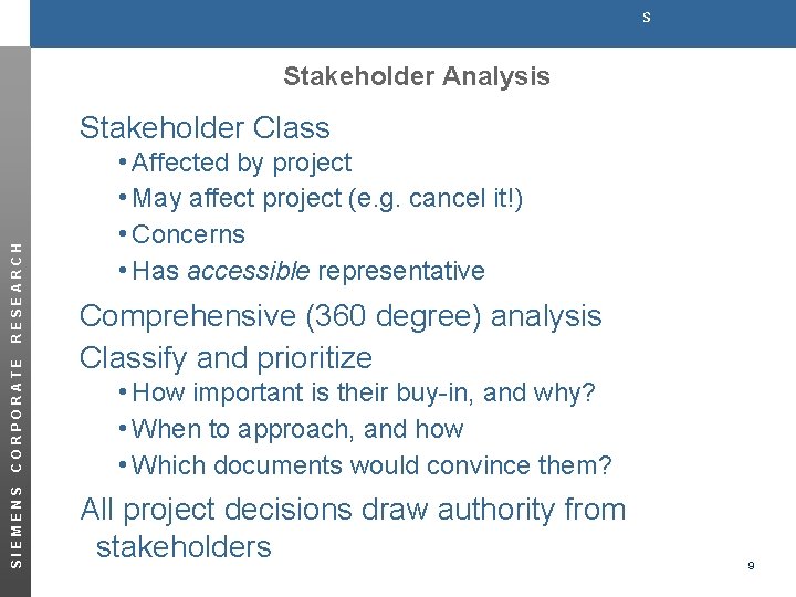 s Stakeholder Analysis Stakeholder Class SIEMENS CORPORATE RESEARCH i. Affected by project i. May