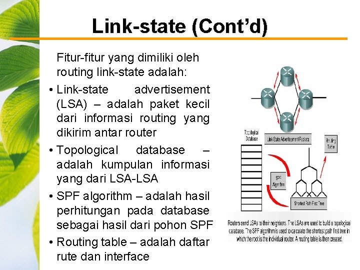 Link-state (Cont’d) Fitur-fitur yang dimiliki oleh routing link-state adalah: • Link-state advertisement (LSA) –