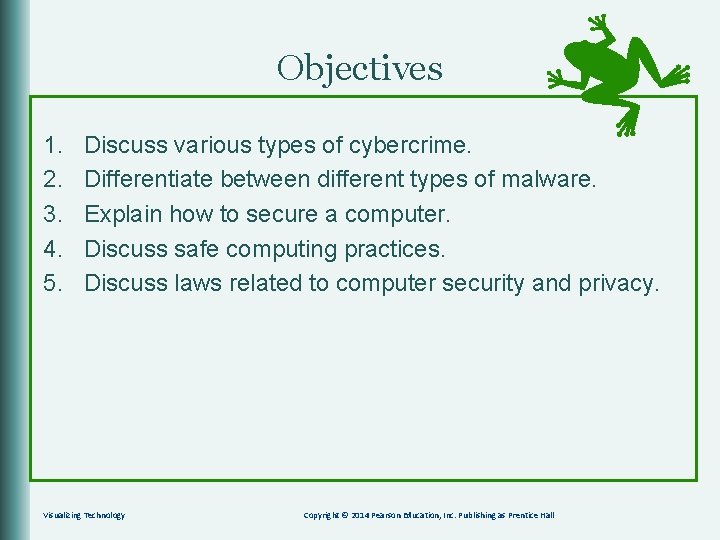 Objectives 1. 2. 3. 4. 5. Discuss various types of cybercrime. Differentiate between different