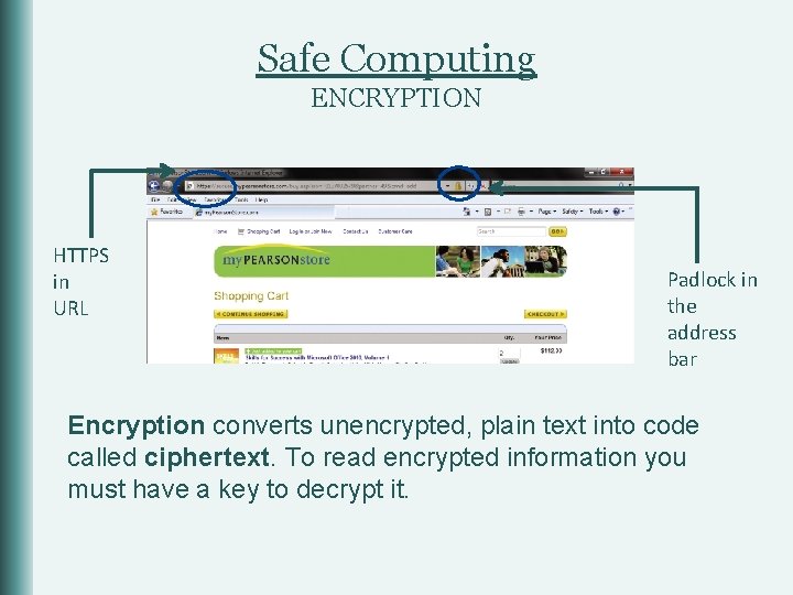 Safe Computing ENCRYPTION HTTPS in URL Padlock in the address bar Encryption converts unencrypted,
