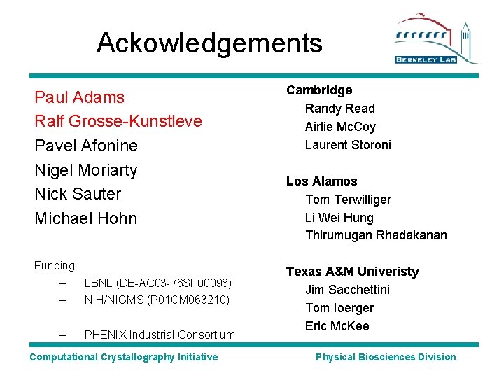 Ackowledgements Paul Adams Ralf Grosse-Kunstleve Pavel Afonine Nigel Moriarty Nick Sauter Michael Hohn Cambridge