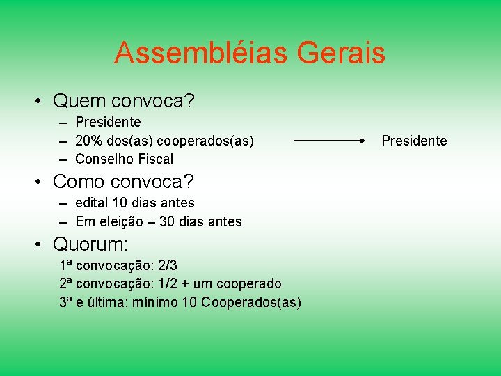 Assembléias Gerais • Quem convoca? – Presidente – 20% dos(as) cooperados(as) – Conselho Fiscal