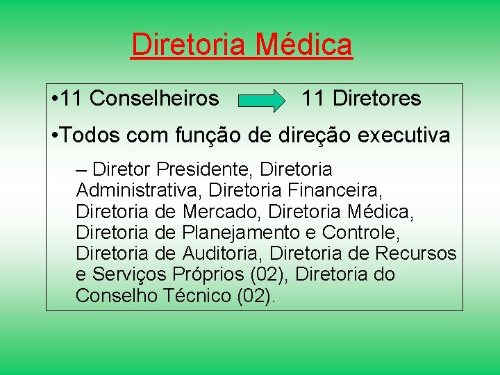 Diretoria Médica • 11 Conselheiros 11 Diretores • Todos com função de direção executiva