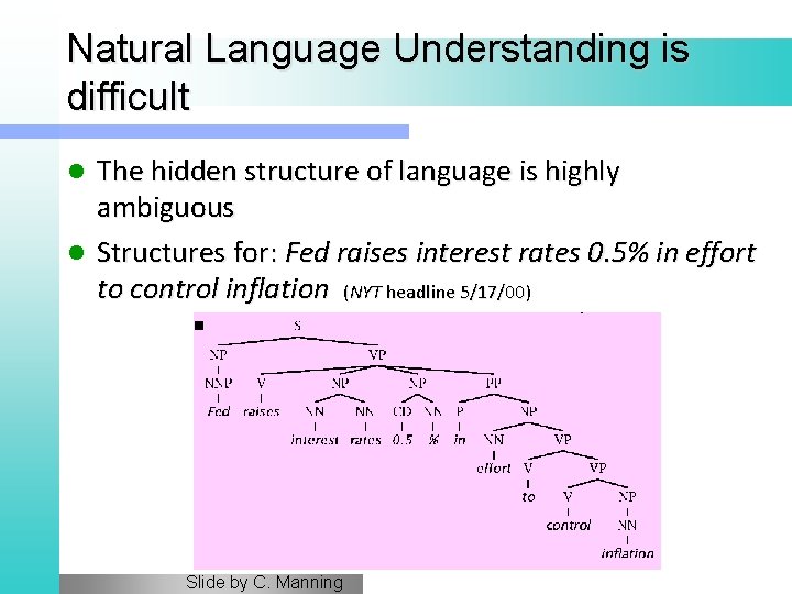 Natural Language Understanding is difficult The hidden structure of language is highly ambiguous l