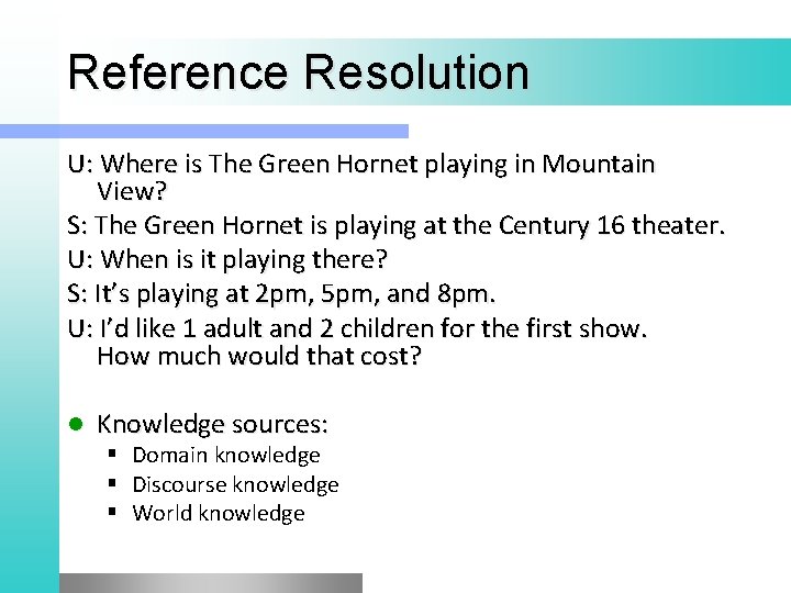 Reference Resolution U: Where is The Green Hornet playing in Mountain View? S: The Reference Resolution U: Where is The Green Hornet playing in Mountain View? S: The