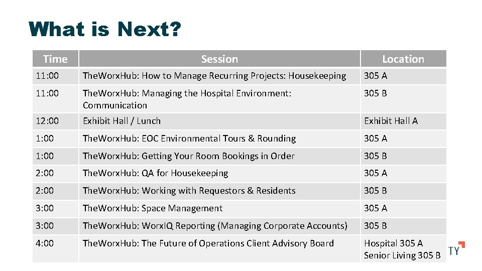 What is Next? Time Session Location 11: 00 The. Worx. Hub: How to Manage