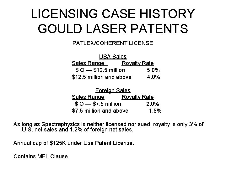 LICENSING CASE HISTORY GOULD LASER PATENTS PATLEX/COHERENT LICENSE USA Sales Range Royalty Rate $ LICENSING CASE HISTORY GOULD LASER PATENTS PATLEX/COHERENT LICENSE USA Sales Range Royalty Rate $