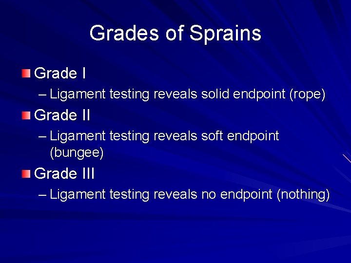 Grades of Sprains Grade I – Ligament testing reveals solid endpoint (rope) Grade II