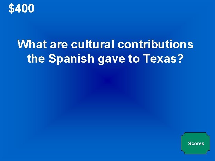 $400 What are cultural contributions the Spanish gave to Texas? Scores 