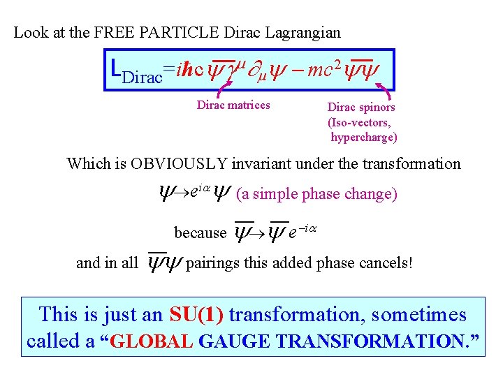 Look at the FREE PARTICLE Dirac Lagrangian LDirac=iħc g mc 2 Dirac matrices Dirac Look at the FREE PARTICLE Dirac Lagrangian LDirac=iħc g mc 2 Dirac matrices Dirac