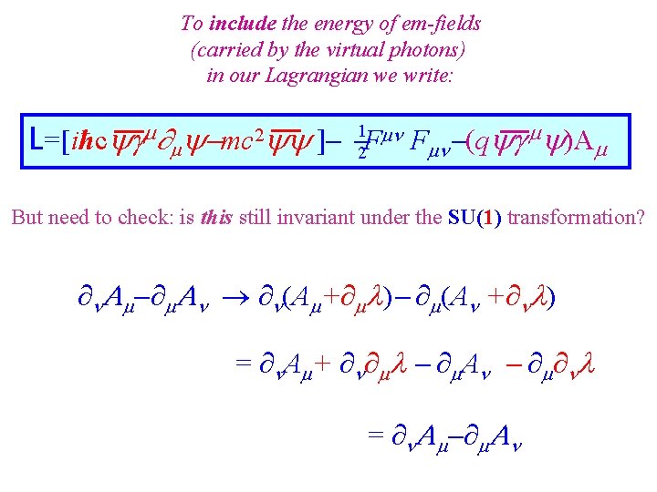 To include the energy of em-fields (carried by the virtual photons) in our Lagrangian To include the energy of em-fields (carried by the virtual photons) in our Lagrangian