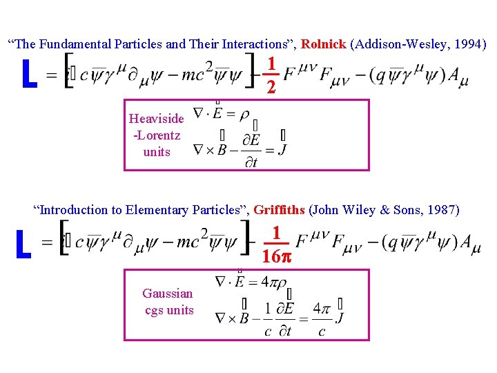 “The Fundamental Particles and Their Interactions”, Rolnick (Addison-Wesley, 1994) 1 2 L Heaviside -Lorentz “The Fundamental Particles and Their Interactions”, Rolnick (Addison-Wesley, 1994) 1 2 L Heaviside -Lorentz