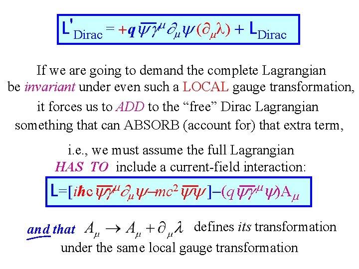 L'Dirac = +q g ( ) + LDirac If we are going to demand L'Dirac = +q g ( ) + LDirac If we are going to demand