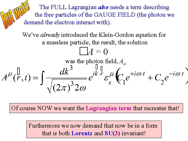 The FULL Lagrangian also needs a term describing the free particles of the GAUGE The FULL Lagrangian also needs a term describing the free particles of the GAUGE