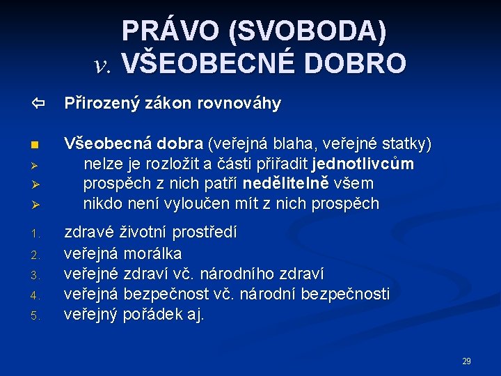 PRÁVO (SVOBODA) v. VŠEOBECNÉ DOBRO Přirozený zákon rovnováhy n Všeobecná dobra (veřejná blaha, veřejné