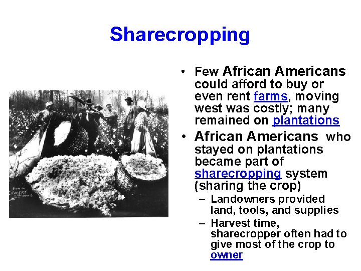 Sharecropping • Few African Americans could afford to buy or even rent farms, moving