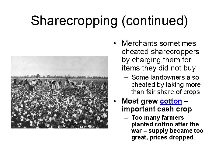 Sharecropping (continued) • Merchants sometimes cheated sharecroppers by charging them for items they did