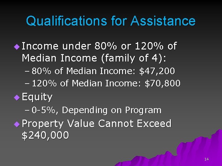 Qualifications for Assistance u Income under 80% or 120% of Median Income (family of