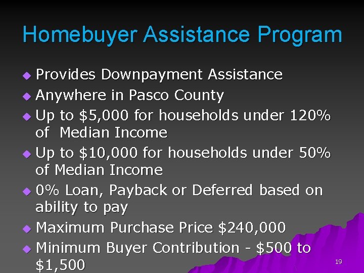 Homebuyer Assistance Program Provides Downpayment Assistance u Anywhere in Pasco County u Up to
