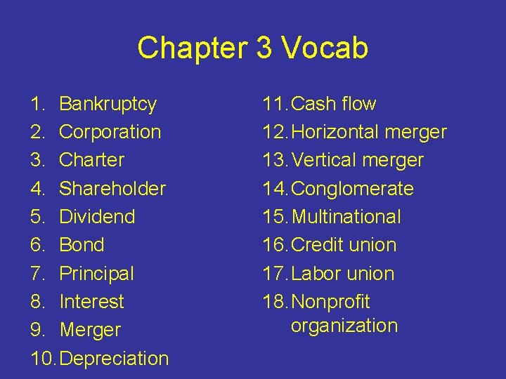 Chapter 3 Vocab 1. Bankruptcy 2. Corporation 3. Charter 4. Shareholder 5. Dividend 6.