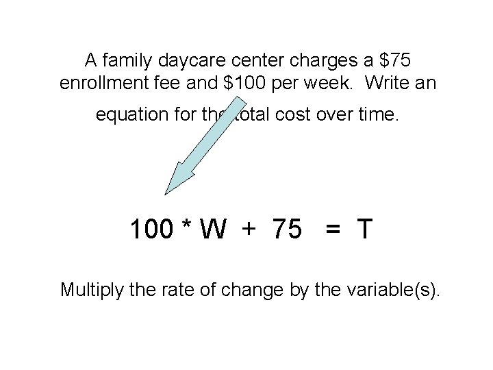 A family daycare center charges a $75 enrollment fee and $100 per week. Write