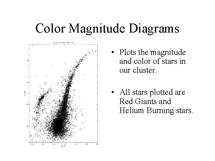 Color Magnitude Diagrams • Plots the magnitude and color of stars in our cluster.