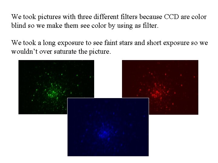 We took pictures with three different filters because CCD are color blind so we